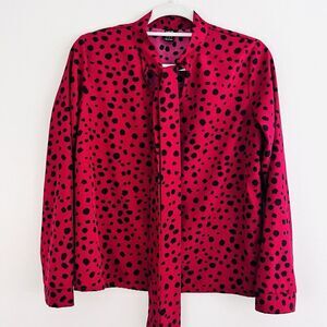SheIn Hot Pink & Black Splash Polka Dot Tie Collar Blouse Small